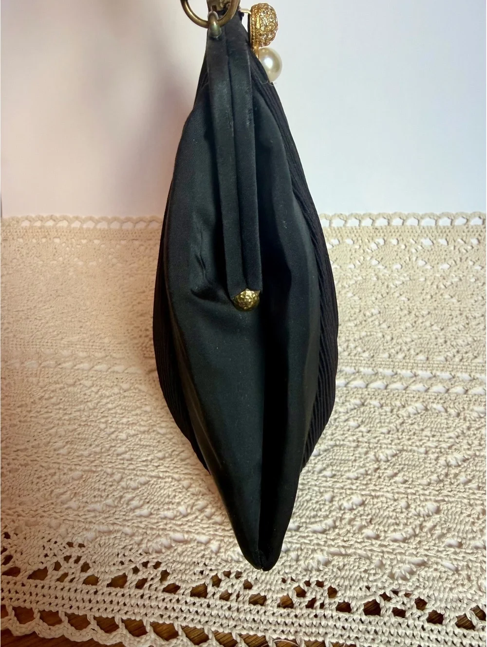 Vintage Garay Black Pleated Evening Handbag Rhinestone Pearl Clasp Purse